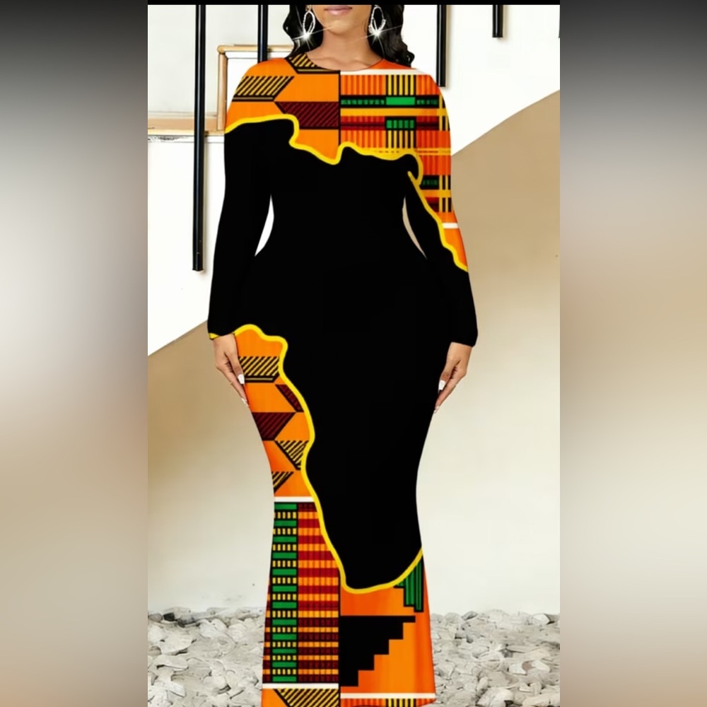 Elegant Black and Orange Patterned Dress